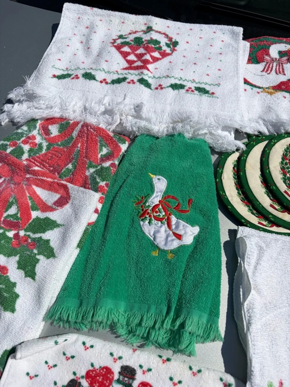 Vintage Christmas Kitchen Linen Lot Towels Coasters Pot Holder Holiday Set